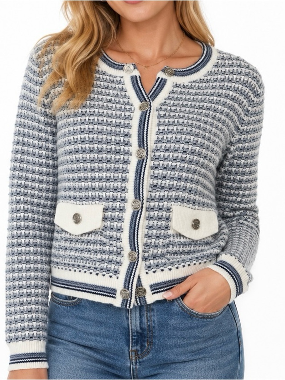 Nanette Lepore Textured Knit Cardigan Blue White Contrast Trim Medium